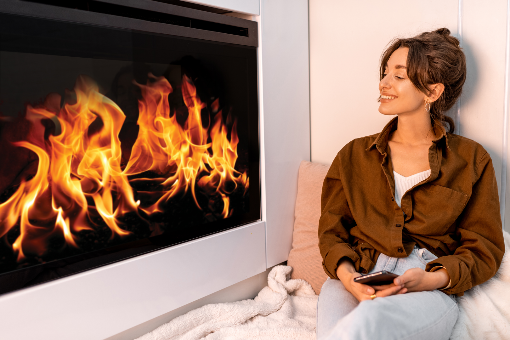 Women relaxing next to electric fire